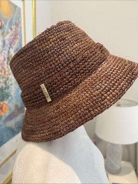 Wyeth by Todd Magill Brown Braided Straw Bucket Hat with Gold Logo Plate